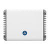 JL Audio MHD600/4-24v 600w 4 Channel Full-Range Amplifier in sleek white design with logo and ventilation fins.