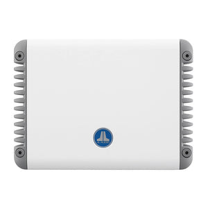 JL Audio MHD600/4-24v 600w 4 Channel Full-Range Amplifier in sleek white design with logo and ventilation fins.