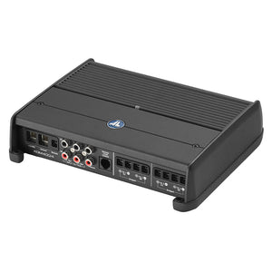 JL Audio XDM400/4 amplifier showcasing its sleek design and input/output connections for powerful audio performance.