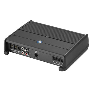 JL Audio XDM 600w Monoblock Amplifier rear view with inputs and outputs, compact and efficient design.