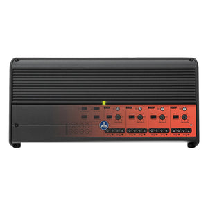 JL Audio XDM800/8-24V 800w 8 channel amplifier showing controls and indicators on a sleek design.