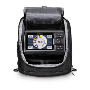 Garmin STRIKER Vivid 5cv ice fishing bundle displayed in a protective backpack, featuring a bright 5" fishfinder screen.