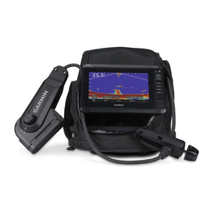 Garmin ECHOMAP UHD2 73sv with Panoptix PS22-IF, ice fishing bundle in portable bag.