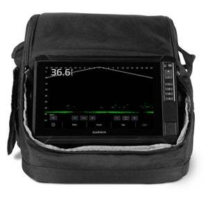 Garmin ECHOMAP UHD2 93sv display in carrying case, showing sonar readings for ice fishing.