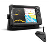 Lowrance Eagle Eye 9 Live transducer display showing sonar views and C-Map charts with transducer attachment.