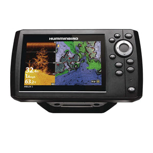 Humminbird HELIX 5 CHIRP DI GPS G3 fish finder with 5-inch color display showing sonar and map data.