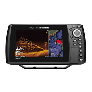 Humminbird HELIX 7 fish finder with MEGA Down Imaging and CHIRP Sonar displaying underwater view and GPS map on 7-inch screen.